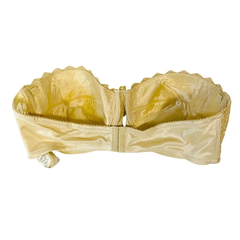 Rene‎ Rolfe Strapless Bra 44D Balconette Floral Lace Gold Detachable Straps